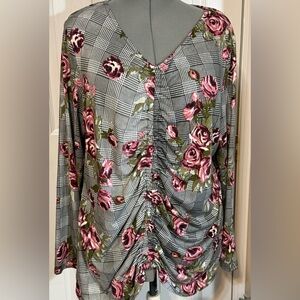 Como Blu Floral Ruched Knit Top Gray Pink Women’s 2X Blouse